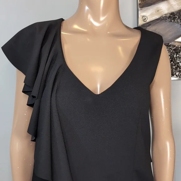 Bailey Ruffle V-Neck Sheath Dress Draped Asymmetric Black Womens Size Medium - Picture 2 of 14